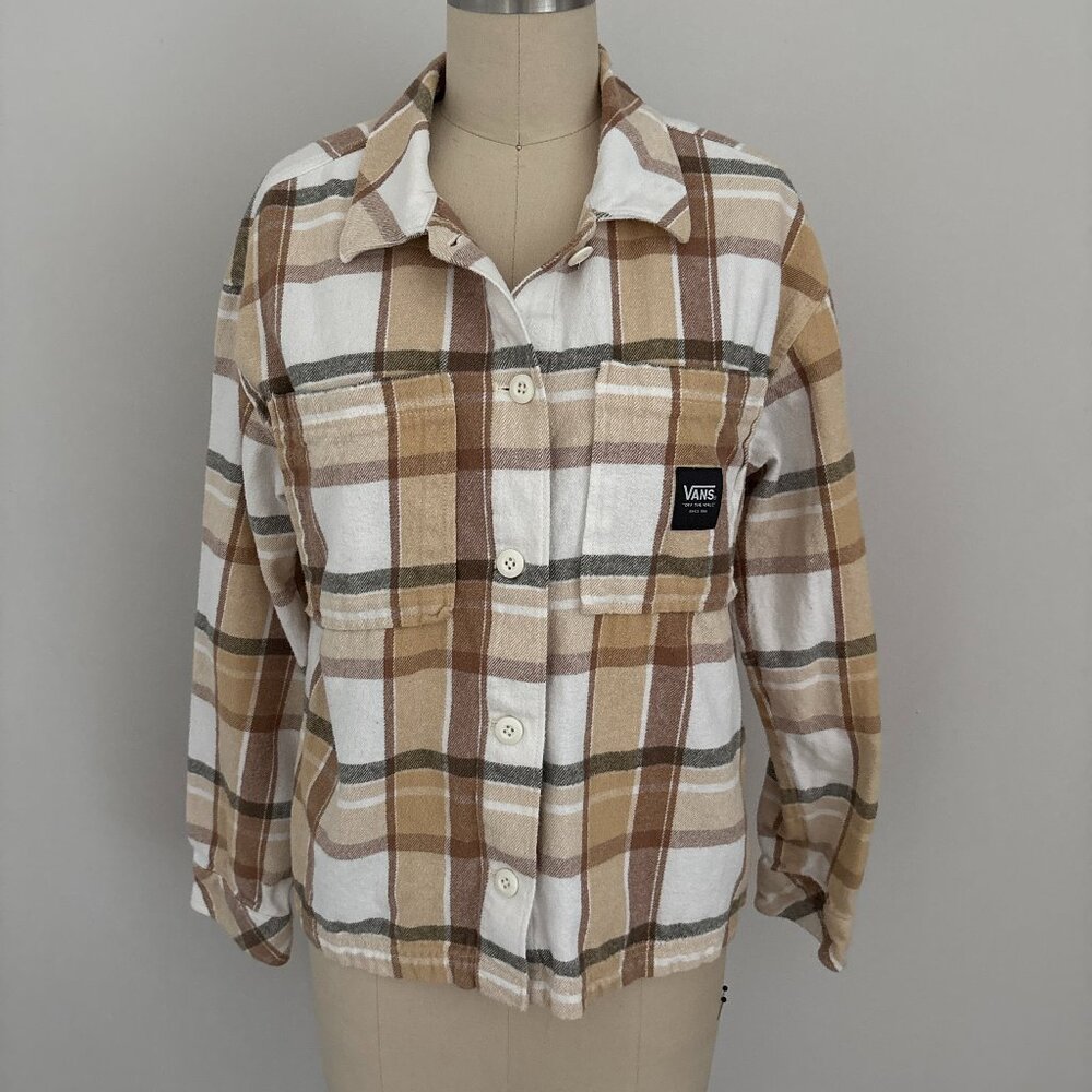 VANS Long Sleeve Cotton Flannel Button-Up Shirt Ecru/Brown Plaid Cabincore S